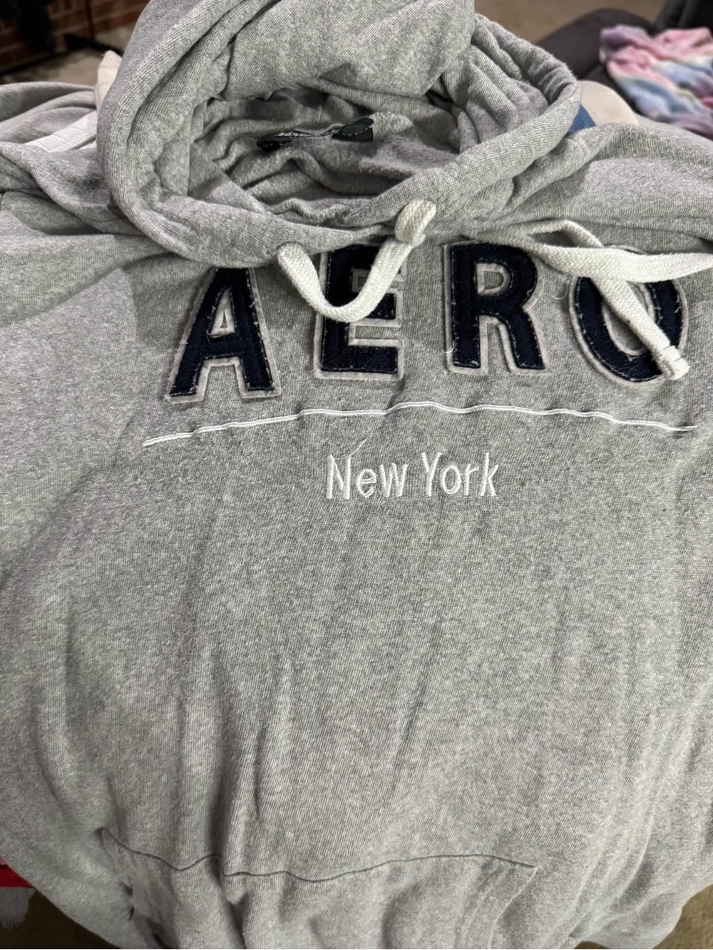 Aeropostale Gray 'New York' Pullover Hoodie with Navy Applique